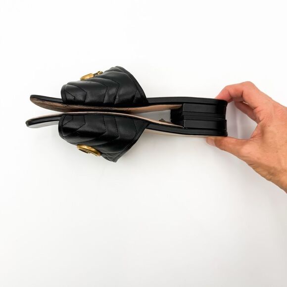 Gucci GG Marmont Quilted Chevron Black Leather Sandals Mules Flats - Picture 14 of 14